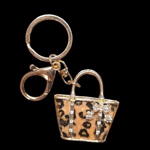 Leopard Print Bag Charm Keychain with Gold Accents